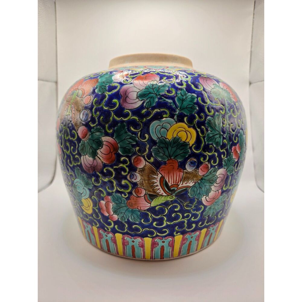 Vintage Chinese Ceramic Vase Blue Floral Butterfly Motif Multicolor Enamel Style - Picture 3 of 11